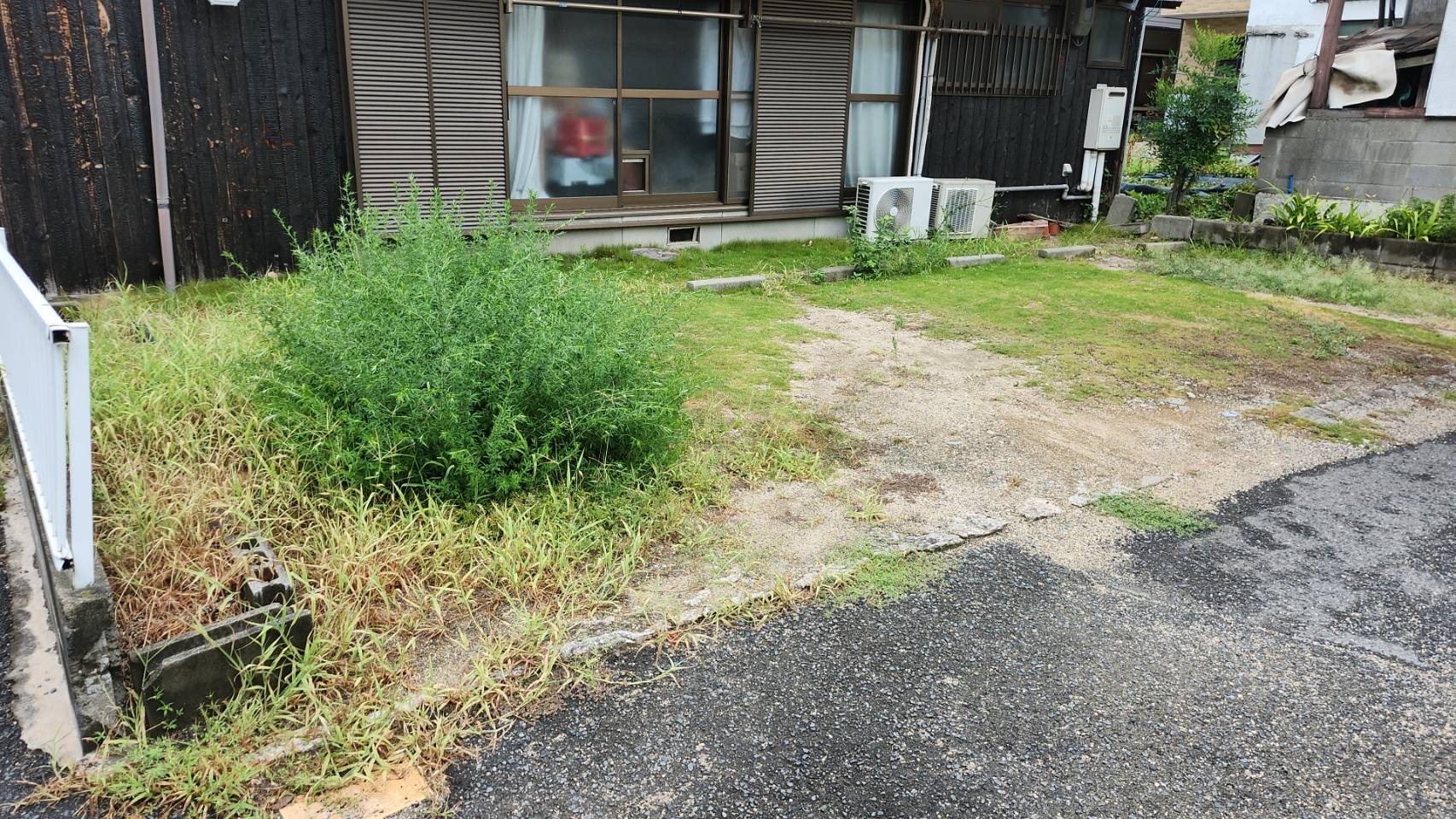 住宅の庭に雑草が伸びている草刈り作業前の状態
